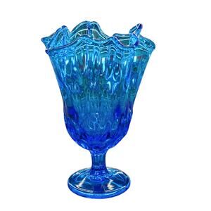 Vintage Fenton Colonial Blue Glass Thumbprint Handkerchief Swung Vase 9" x 6"